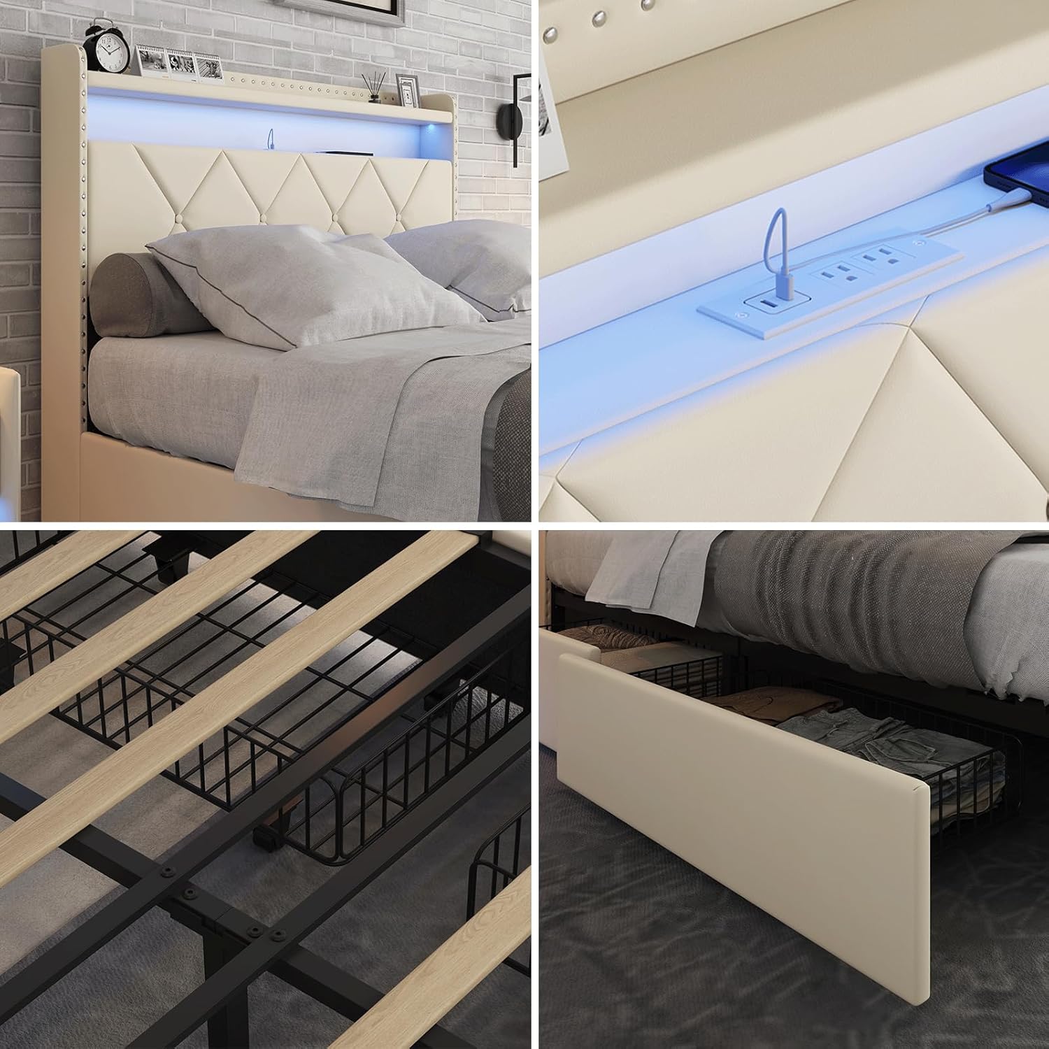 CollaredEagle Queen Size Upholstered Bed Frame with 2 Drawers and Square Stitched Button, Bed Frame with Charging Station and LED Lights, Upholstered Headboard with 2-Tier Storage Shelves, White