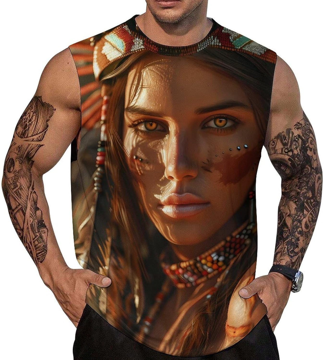 Native American Woman Men Summer Sleeveless Crew Neck Top 5XL