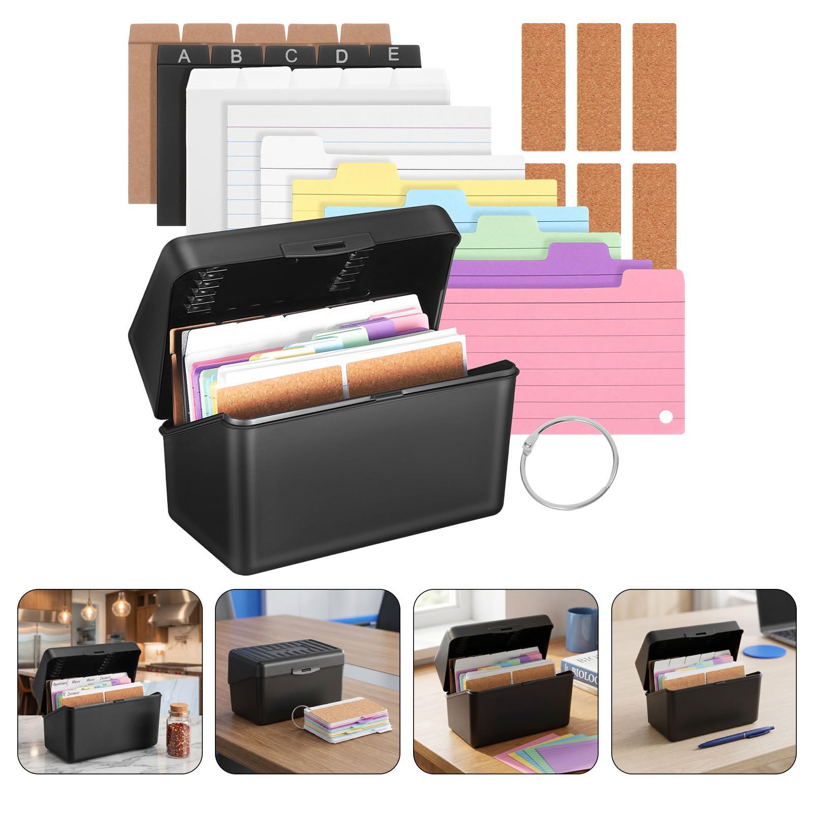 SECFOU 2 Sets Karteikasten mit Registerkarten Desktop Schwarze Aufbewahrungsbox und Vielseitiger Organisationsfunktion für Büro und Zuhause