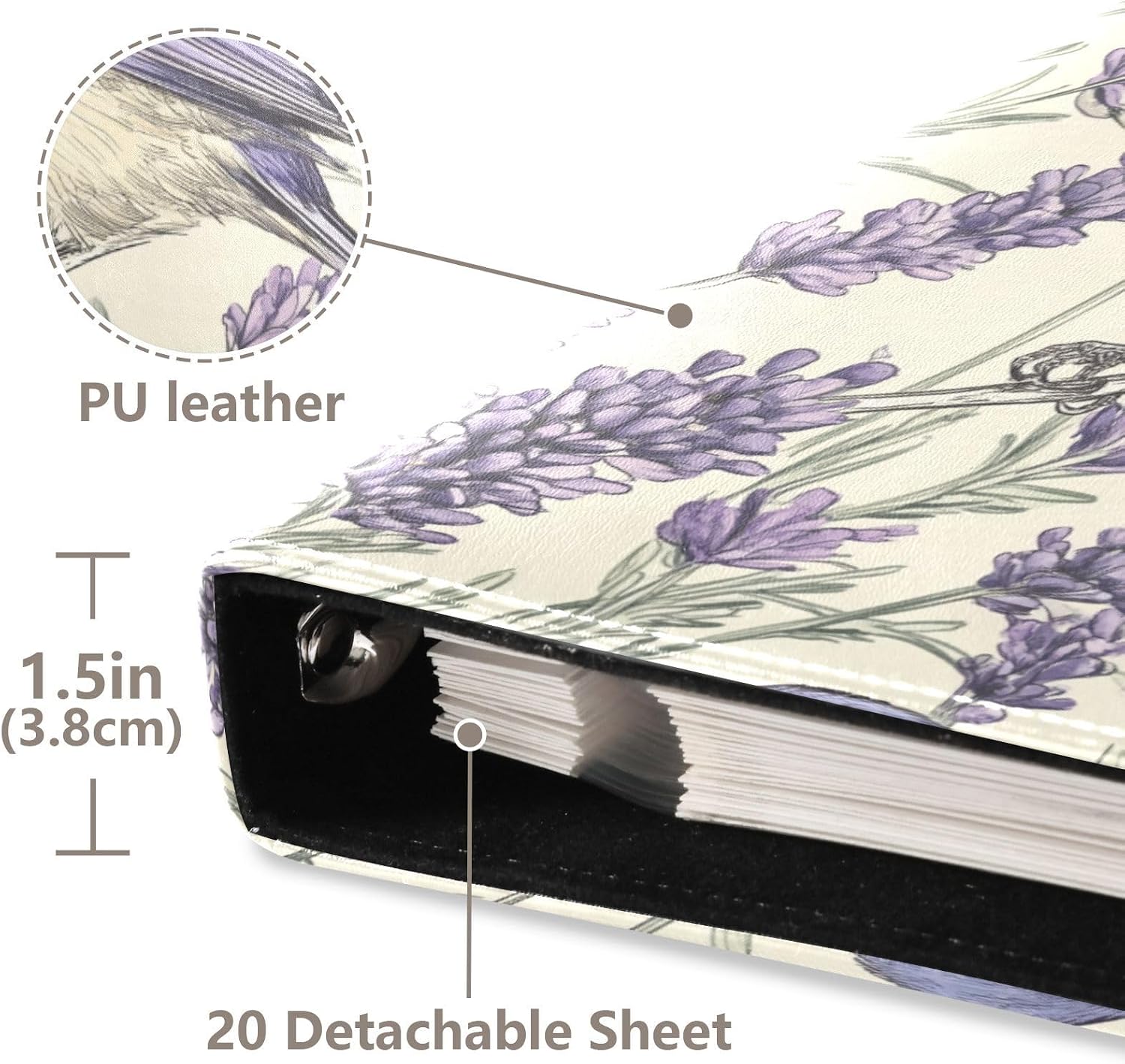 ALAZA Lavenders Flowers Bird Photo Album Self Adhesive Scrapbook Album PU Leather Cover 3 Ring Binders Photo Book for Wedding Family Travel Memory