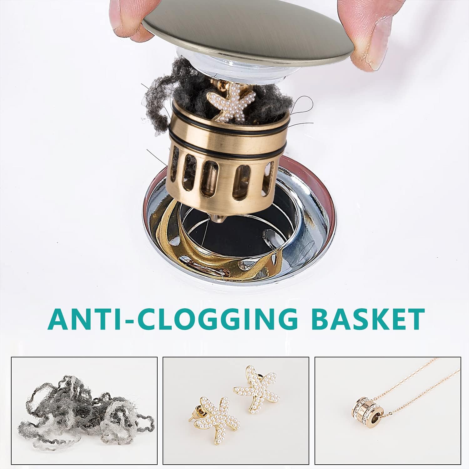 ESFORT Bathroom Sink Drain Stopper without Overflow, Pop up Drain Assembly with Built-In Anti-Clogging Strainer Vessel Sink Drain, Brushed Nickel - - 