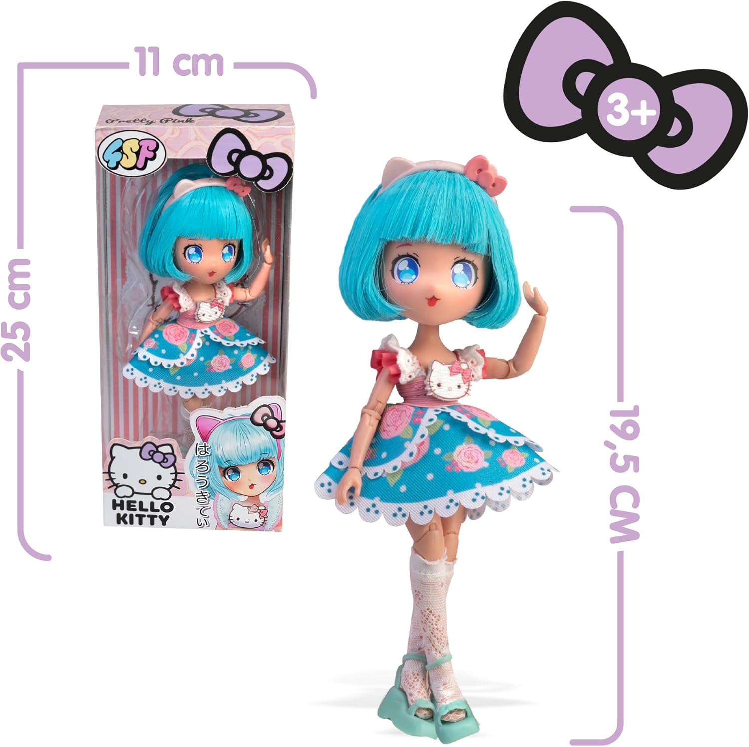 Hello Kitty Official Manga Doll - Blue Pretty Pink Edition - Cute Sanrio Collectible with Stylish Outfit & Kawaii Details - Great Gift Fans & Collectors - Ages 3+