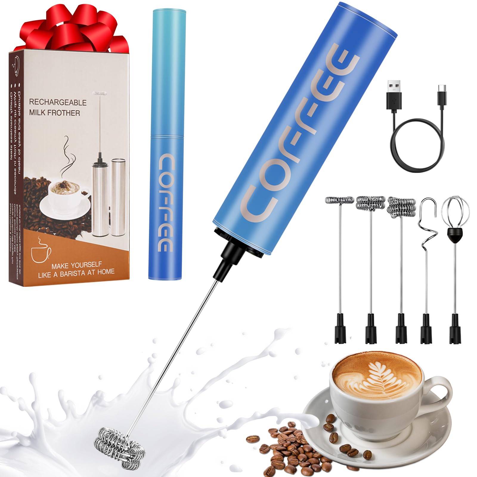 Milchschäumer Elektrisch USB-C mit 5 Wechselbaren Edelstahl-Schneebesen–2 Einstellbare Geschwindigkeiten (11.000/13.000 U/min), Wasserdichter Aufschäumer für Kaffee, Latte, Cappuccino, Matcha(Bunt 18)