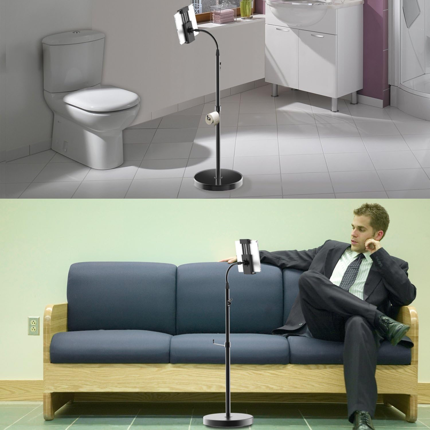 JETech Floor Stand Height-Adjustable Gooseneck with Toilet Paper Roll Holder for 7-11.8 Inch Tablets iPad Galaxy Tab