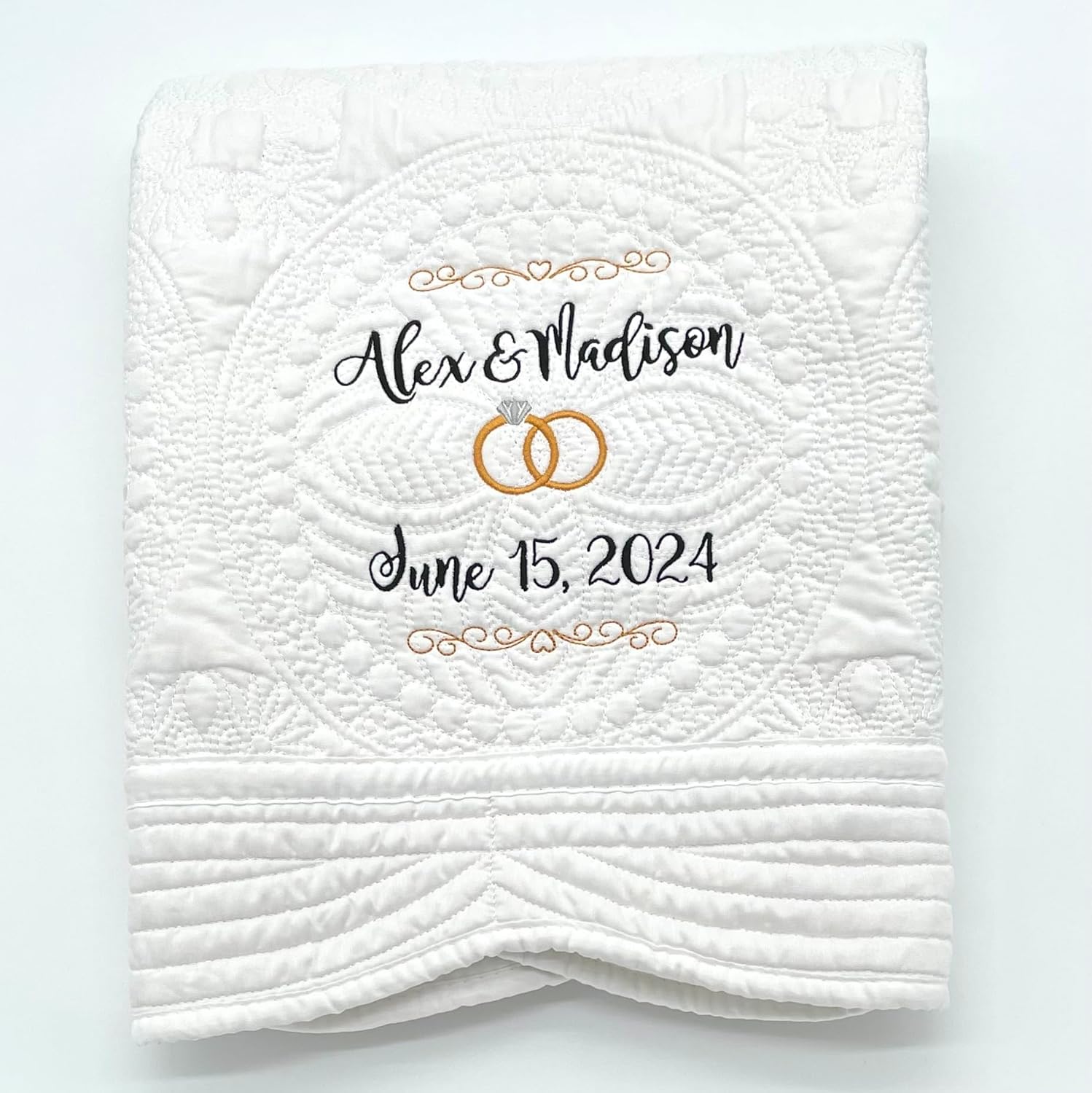 Personalized Wedding Heirloom Quilts - Custom Embroidered with Names, Date & Wedding Rings. 2 Sizes, 6 Border Color Options. Comfy Throw Blanket, Wedding, Anniversary, Engagement or Shower Gift.