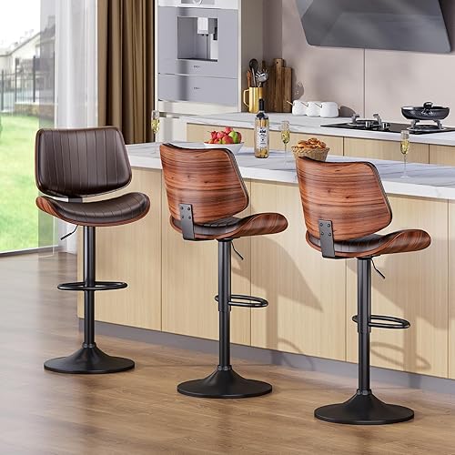 Miniatura 7 de Juego de 2 Taburetes de Bar, Taburetes de Bar para Isla de Cocina con Respaldo de Madera Curvada y Asiento de Cuero, Taburetes Giratorios para Marrón