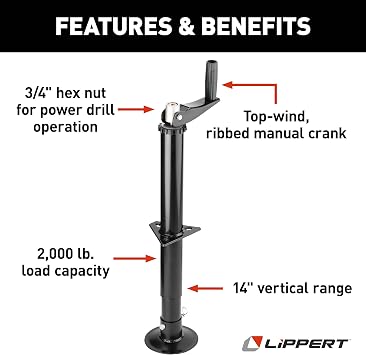 Lippert Quick Drop Tongue Jack for A-Frame Travel, Cargo, and Utility Trailers or 5th Wheel RVs, Black