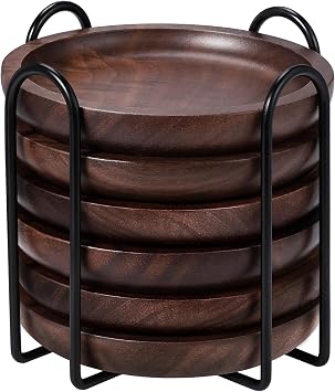 Wood Coasters Set of 6 with Holder for Drinks, MAPRIAL 4 Inch Gorgeous Wooden Coasters 100% Natural Walnut with Anti-Scratch Backing for Coffee Table, Gifts, Wedding, Party