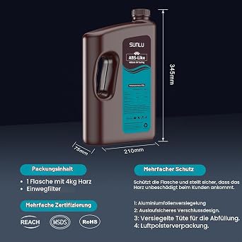 SUNLU 4 kg ABS Like Resin 3D Printer Resin Grey Higher Strength and Toughness ABS Like Resin High Precision & Low Shrinkage 405 nm UV-Curing Resin for Resin 3D Printer Grey 4000 g