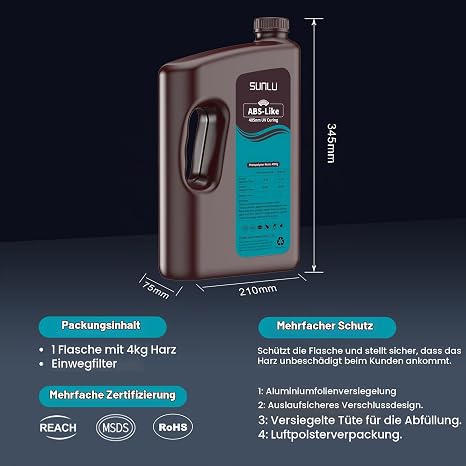 SUNLU 4 kg ABS Like Resin 3D Printer Resin Grey Higher Strength and Toughness ABS Like Resin High Precision & Low Shrinkage 405 nm UV-Curing Resin for Resin 3D Printer Grey 4000 g