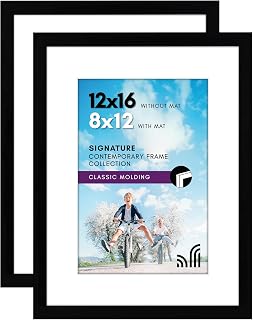 Americanflat 12x16 Picture Frame with Shatter-Resistant Glass - Set of 2 - Use as 8x12 Frame with Mat or Display 12x16 Photo Without Mat - Signature Collection - Picture Frames for Wall - Black