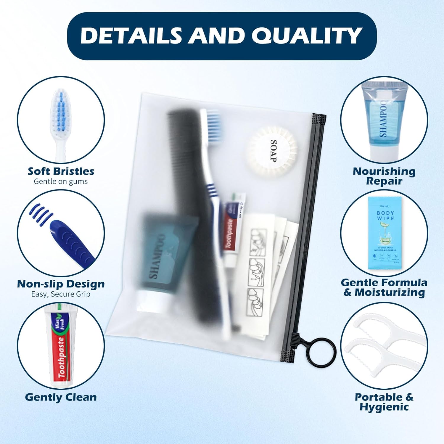60 Pack Hygiene Kits for Homeless in Bulk, 7-in-1 Personal Toiletry Kit Individually Packed with Toothbrush, Toothpaste, Comb, Flossers,Shampoo, Soap, Body Wipes