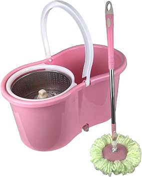 Spin Mop Bucket Set with Spin 360 Wringer and 2 Microfibre Mop Pad Head Telescopic Easy Press Handle with Spin Dry Cleaning Caddy Set-Microfibre Home Cleaning Clean Floor (Pink))
