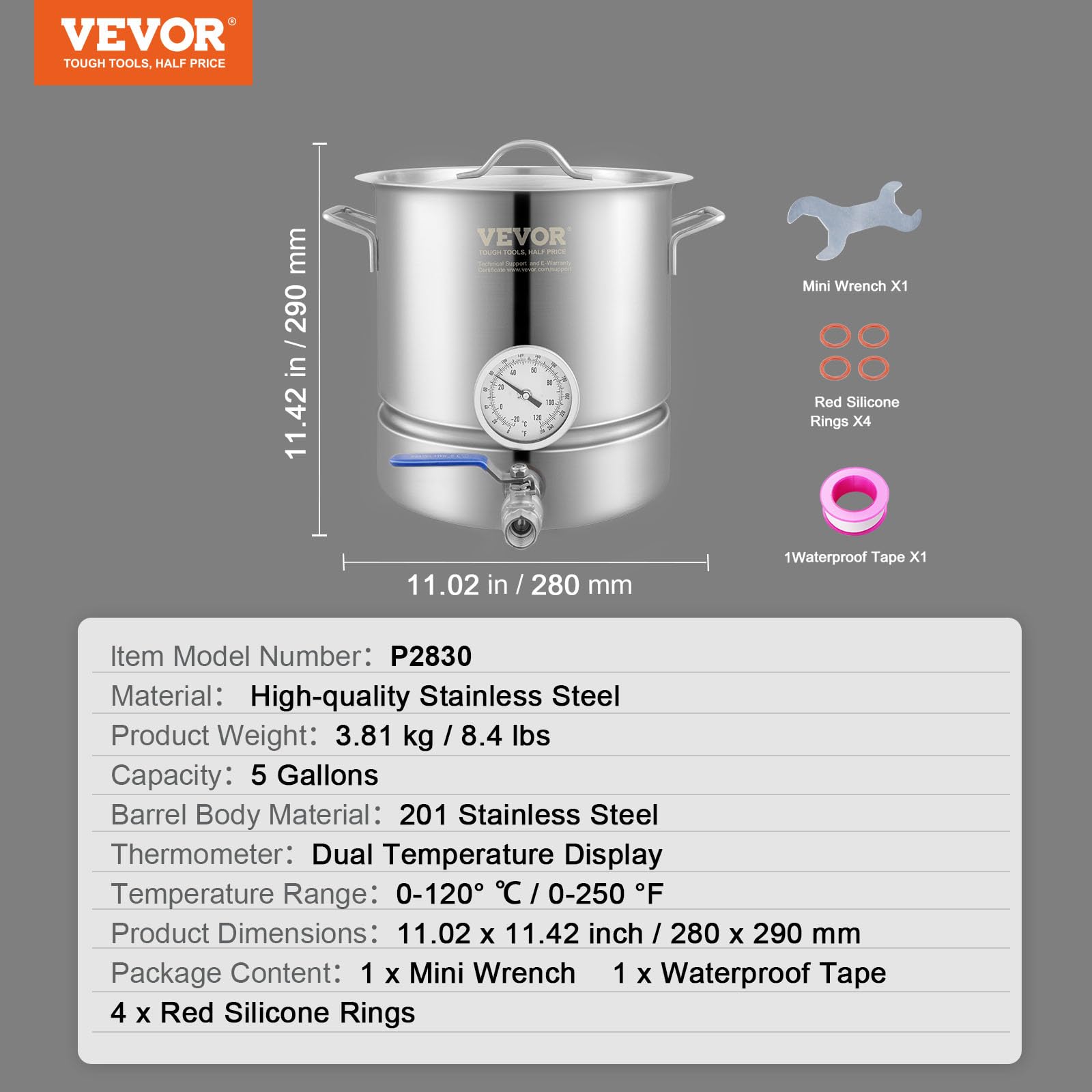 VEVOR Bierbraukessel Bierbrauanlage 18,92 L Bierbrauset Maischekessel 280 x 290 mm, Edelstahl Bierbrauanlagen mit doppelter Temperaturanzeige, Bierbrauanlage, Geeignet für Biere, Rotweine usw.