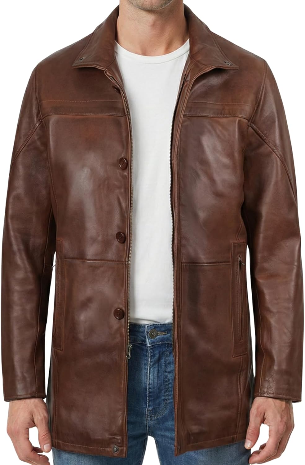 Decrum Mens Leather Coat - Car Coat Style Real Lambskin Leather Jackets for Men