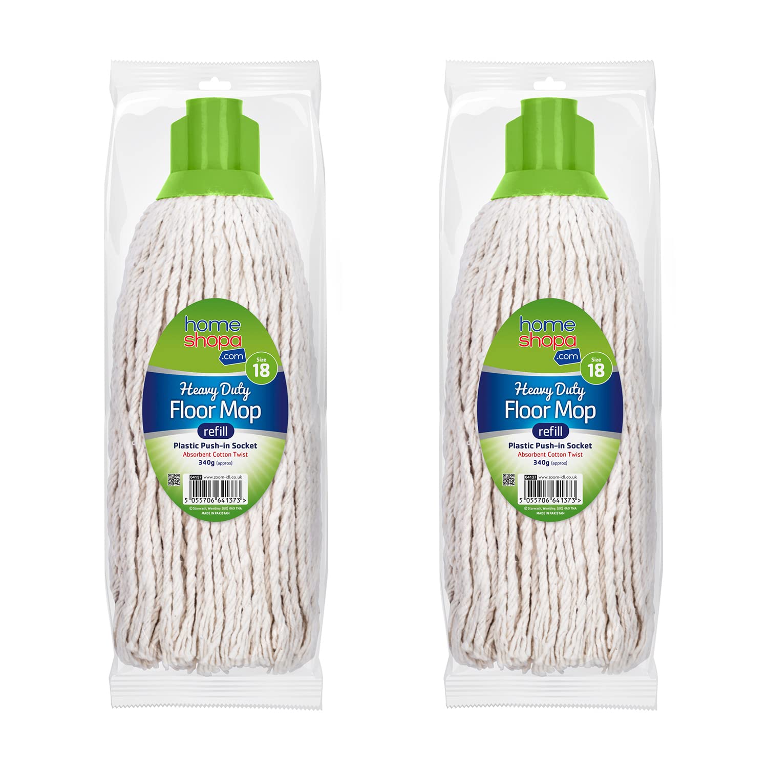 HOMESHOPA 2 Pack Mop Heads Replacement, 18 Size Green Colour Coded Self Threading Plastic Push in Socket Refill Head, Super Absorbent Wet & Dry Floor Cleaning for Domestic & Commercial Use