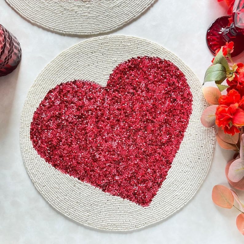 Enliven Handmade Valentine's Day Special Beaded Placemat, Red Heart, Round Mat (Set of 6) (14 inch)