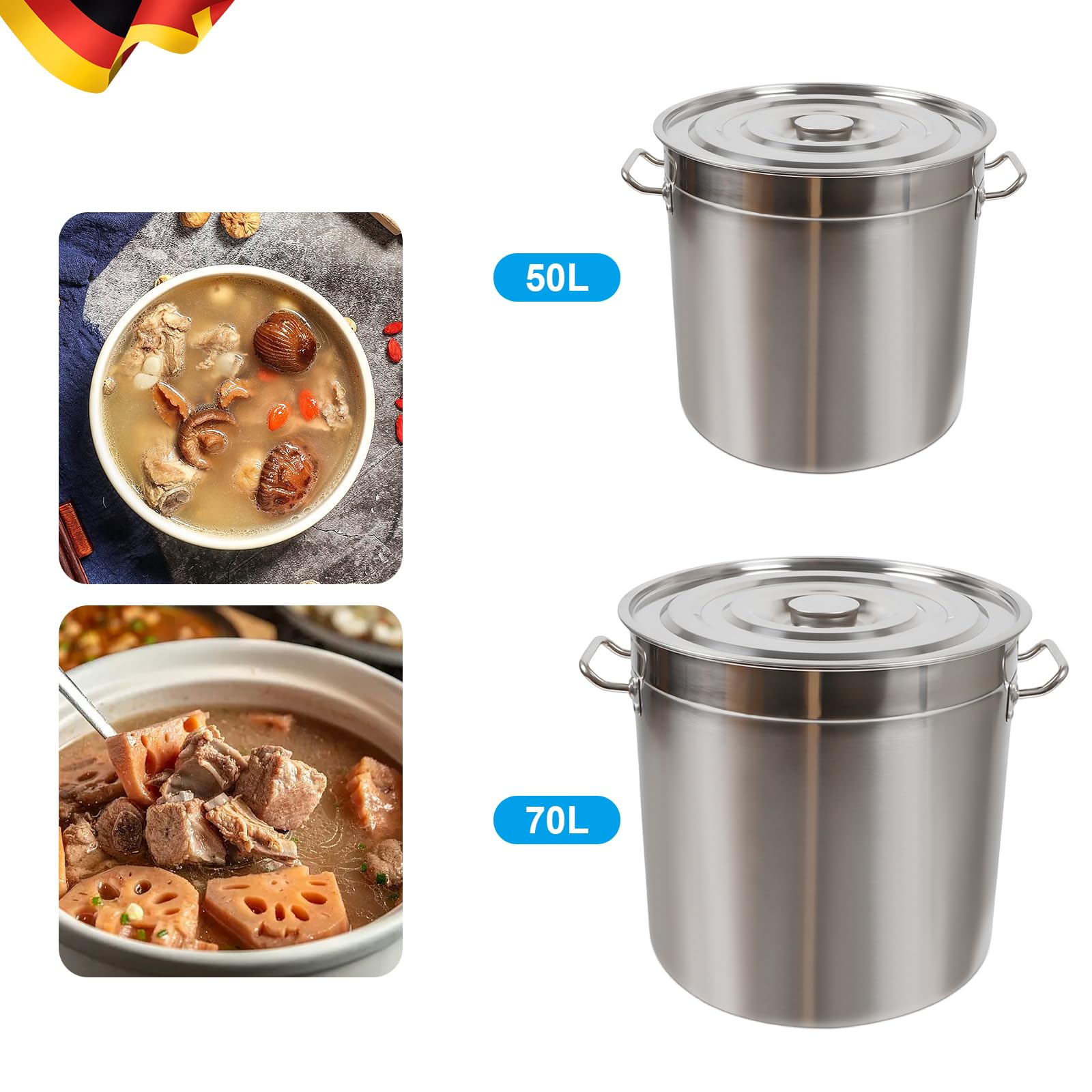 Suppentopf Große Kapazität Gastronomie Kochtopf mit Starken Griffen und Deckel Metalldeckel Edelstahl Kochtöpfe für Alle Herdarten Geeignet（Induktion, Gas, Glaskeramik) (70L)