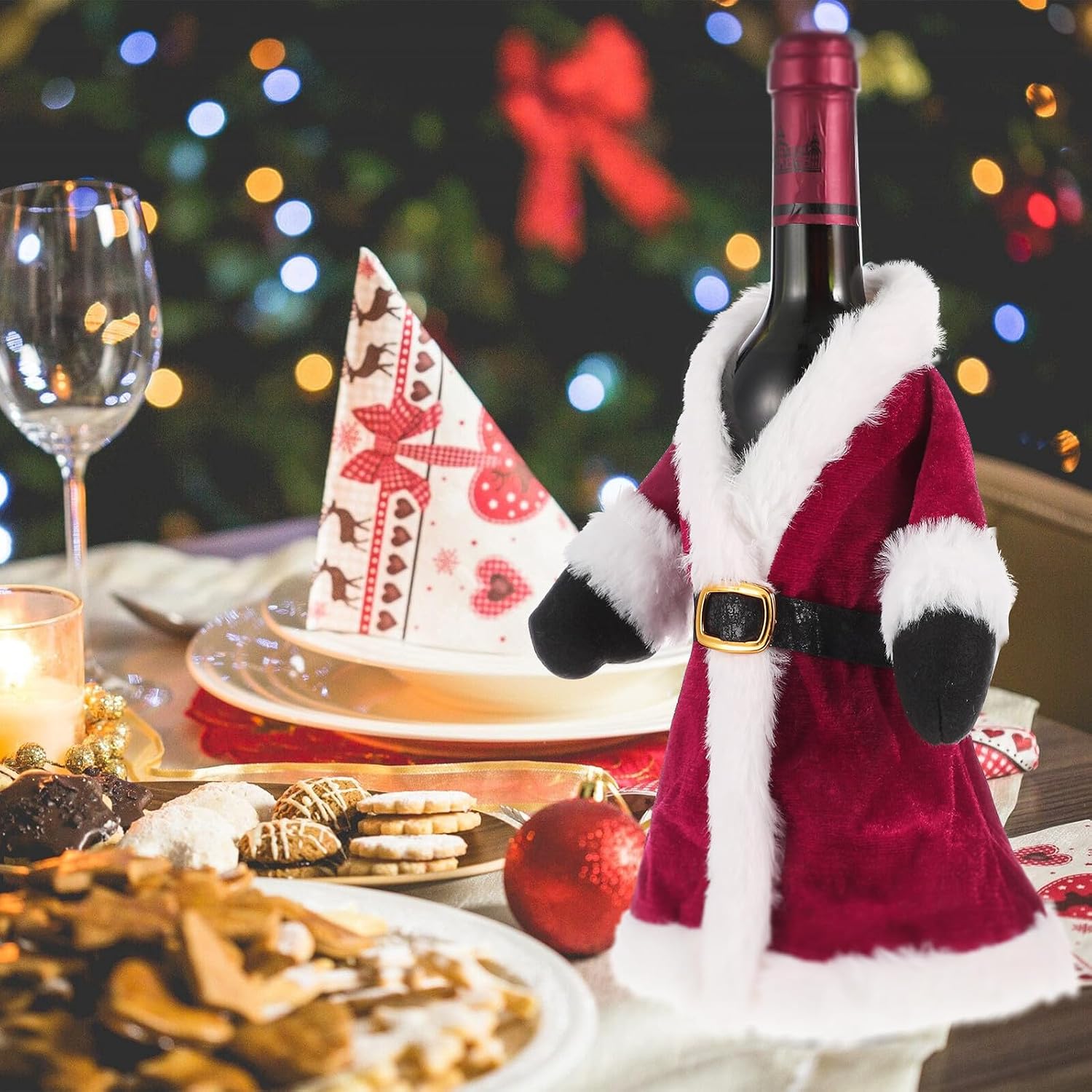 2pcs Xmas Christmas Wine Bottle Dress Cover Red Velvet Reusable Decor