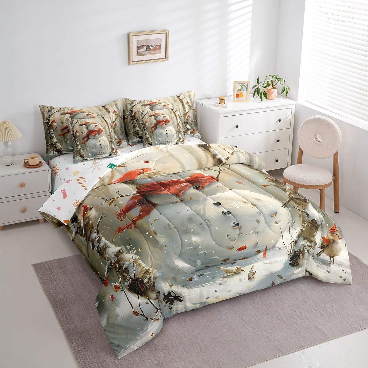 Christmas Snowman Reversible Comforter Set 7 Piece King Size,Winter Snow Cute Birds Animal Print Bed Sheet Set Cartoon Style Snowman Oil Painting Bedding Set with Comforter,Fitted & Flat Sheet