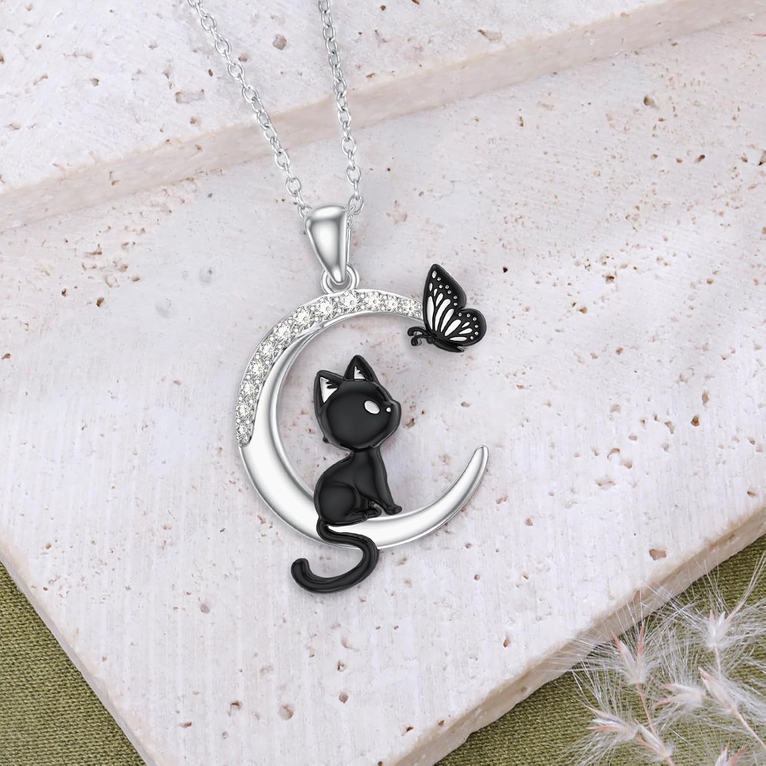 Diamond Black Cat Necklace for Women 925 Sterling Silver Moon Butterfly Pendant Necklace Mystical Animal Jewelry Valentines Day Gifts for Women Mom Wife Girlfriend Cat Lovers