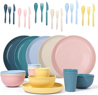 DAPIPIK 36-Piece Wheat Straw Dinnerware Set for 6 - Unbreakable Lightweight Plates Bowls Cups Utensils, Dishwasher Microwave Safe