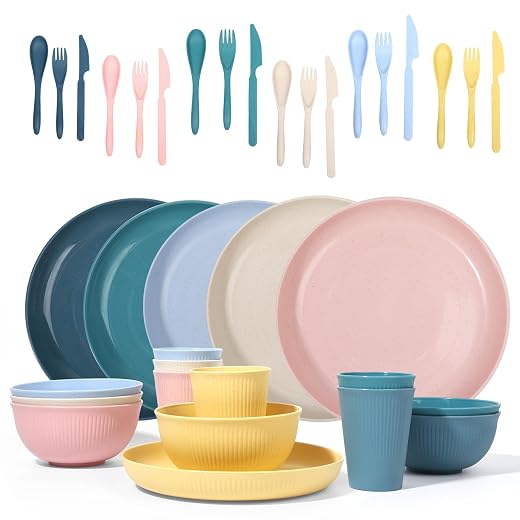 Wheat Straw Dinnerware Sets -DAPIPIK 36 Piece Unbreakable Dinnerware Sets for 6, Wheat Straw Plates and Bowls Set, Lightweight Camping Plates Cups and Bowls Set.Dishwasher Microwave Safe Dinnerware