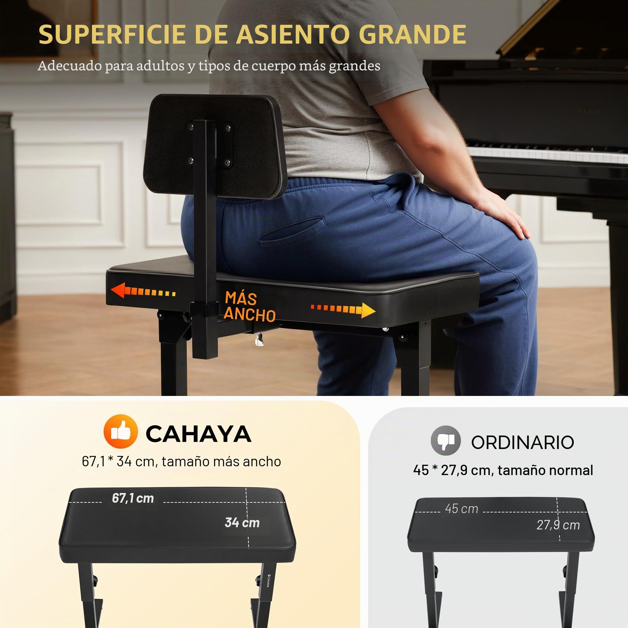 CAHAYA Banco de Piano Plegable y Ajustable – Taburete para Teclado hasta 200 kg, Altura y Respaldo Regulables para Niños y Adultos, Estudio, Clases y Actuaciones