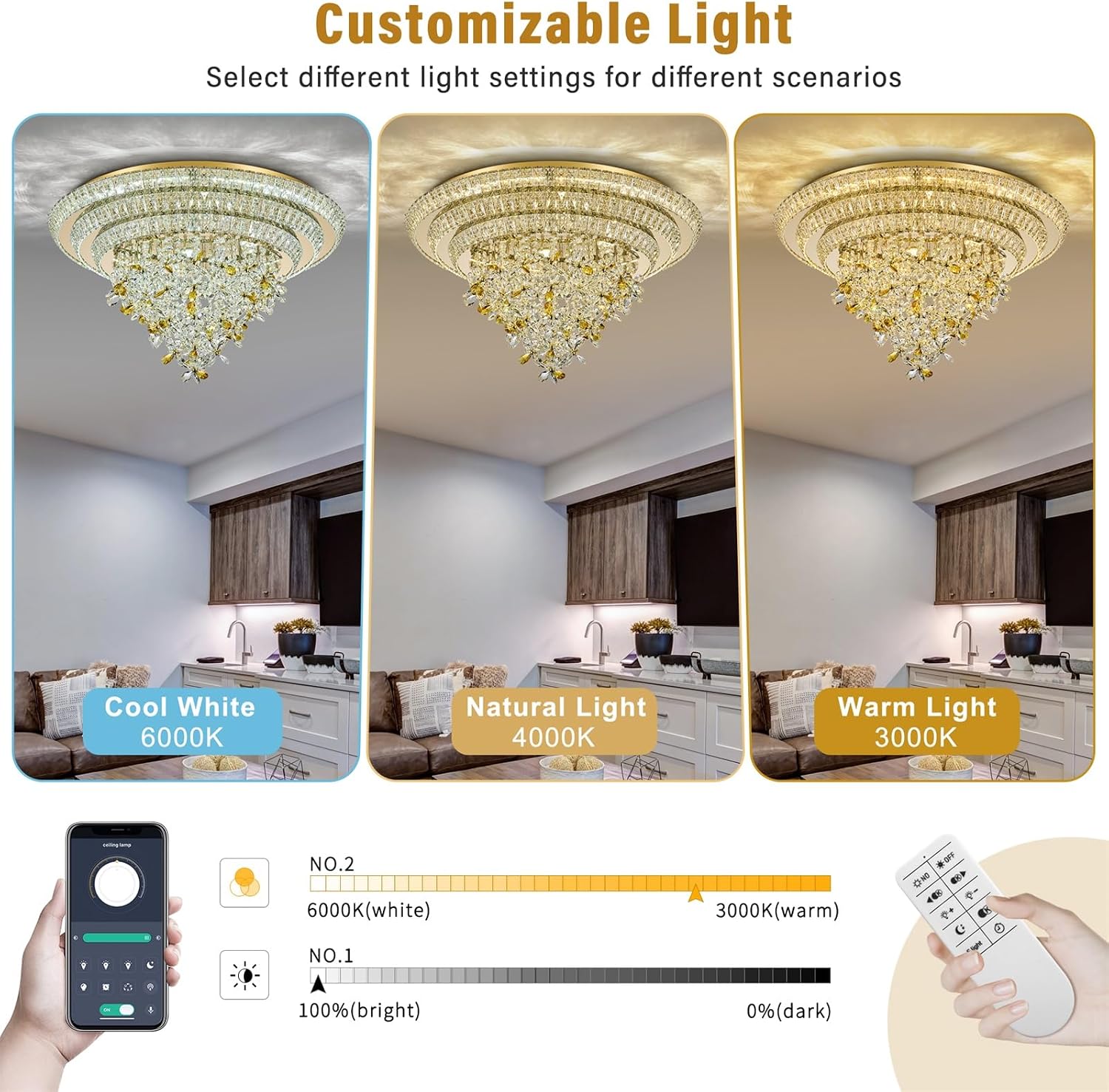 30 inch Flush Mount Crystal Chandeliers, Gold LED Ceiling Light with Remote and APP Control, 3CCT Dimmable, Modern Elegant Raindrop Chandelier Light Fixture for Bedroom Living Room Entryway Foyer