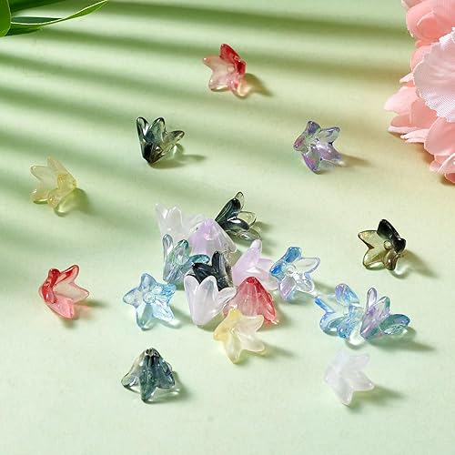 Vista 44 de FASHEWELRY 10 cuentas de cristal hechas a mano, cuentas florales de cristal, cuentas espaciadoras de flores de trompeta transparentes, cuentas