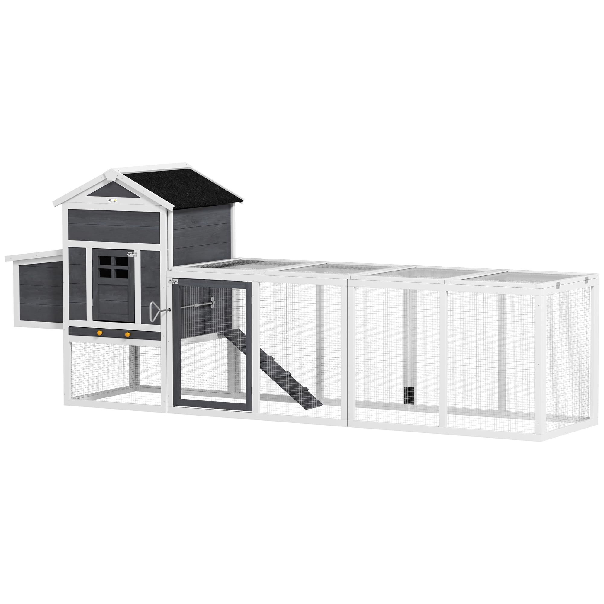 PawHut Gallinero Exterior Madera Grande 297,5x68x118 cm para 3-6 Gallinas con Nido Corral Bandeja Extraíble Techo Asfáltico Gris Blanco