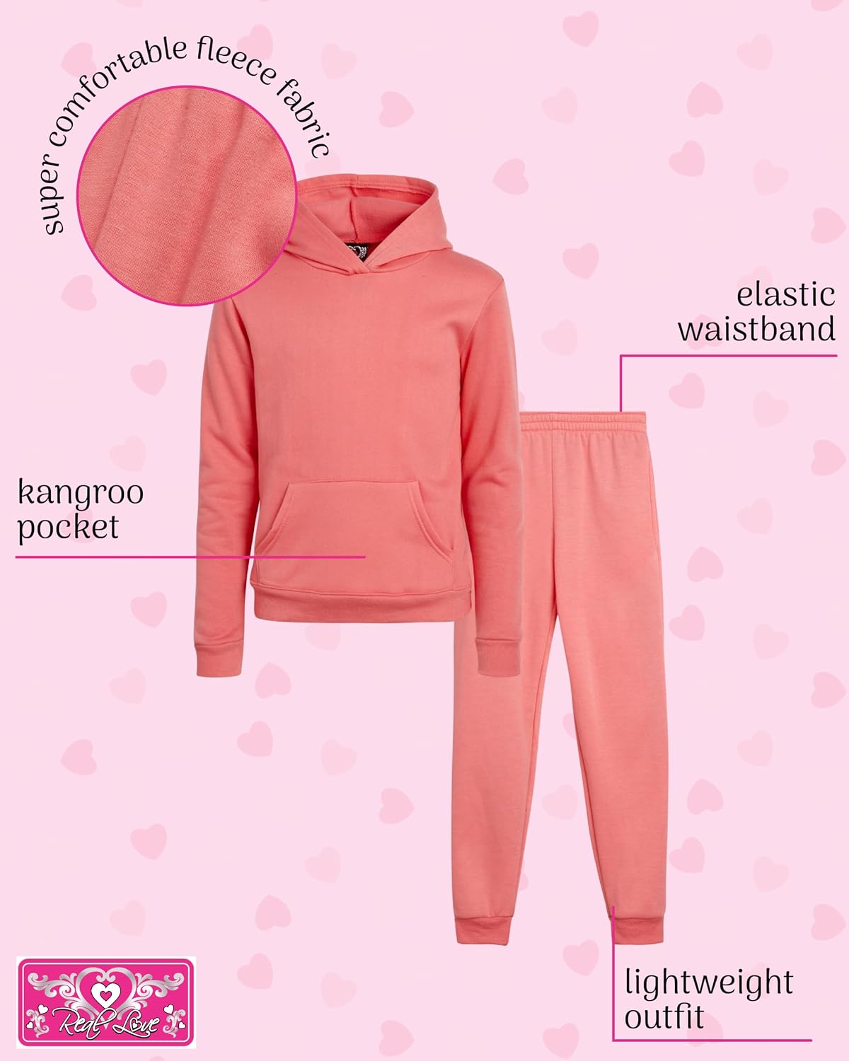 Real Love Girls Jogger Set 2 Piece Fleece Pullover Hoodie Sweatpants Set