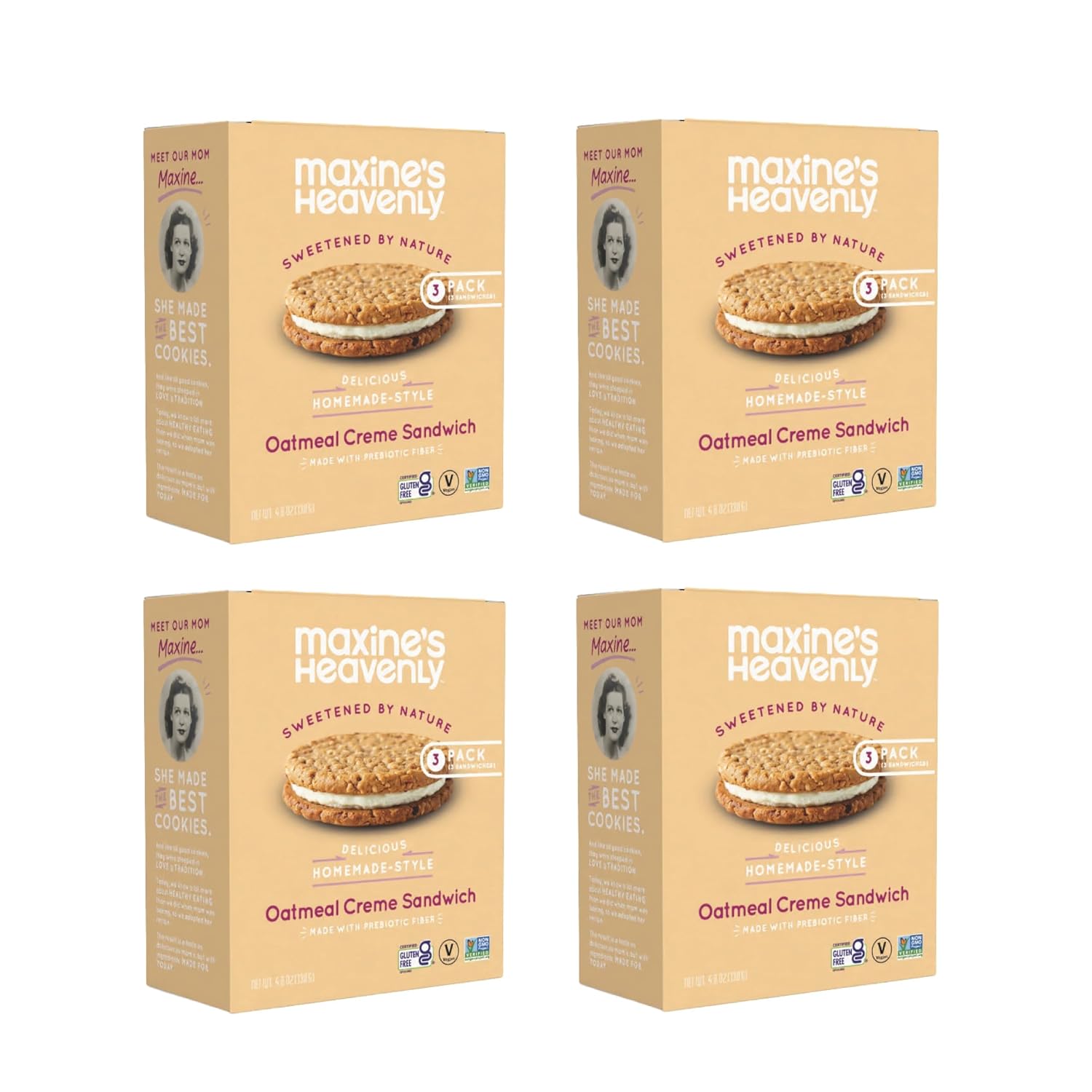 Maxine's Heavenly Soft Baked Creme Sandwich Cookies | Prebiotic Fiber, Low Sugar, Vegan Snacks, Plant Based Snack, Gluten Free Snack - Healthy Snacks | 4 Pack (Oatmeal Creme Sandwich)