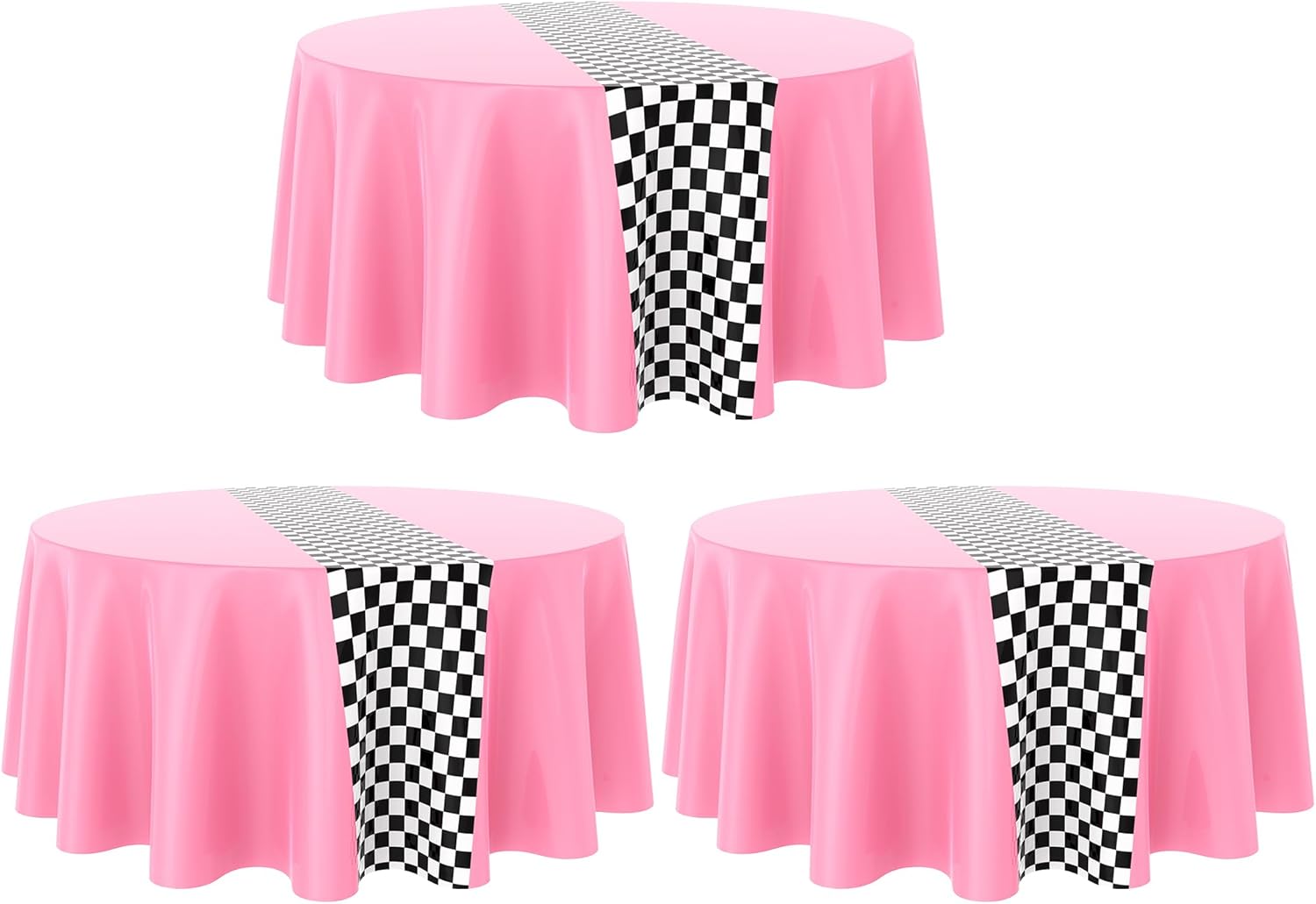 Oudain 6 Pcs Cars Birthday Party Supplies Racing Party Decorations Round Racing Tablecloth Checkered Flag Table Covers Road Plastic Table Cloth, 1950s Disco Dancing Party Tablecloth (Pink)