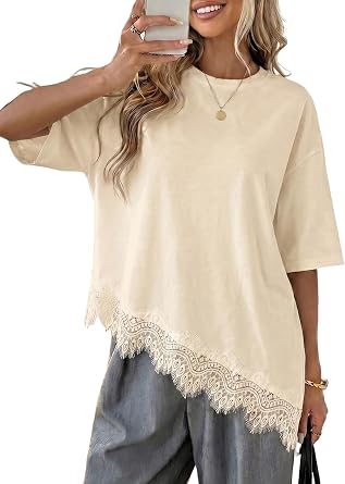 LOLONG Womens Casual Crew Neck Half Sleeve T-Shirt Asymmetrical Hem Lace Patchwork Loose Fit Tops