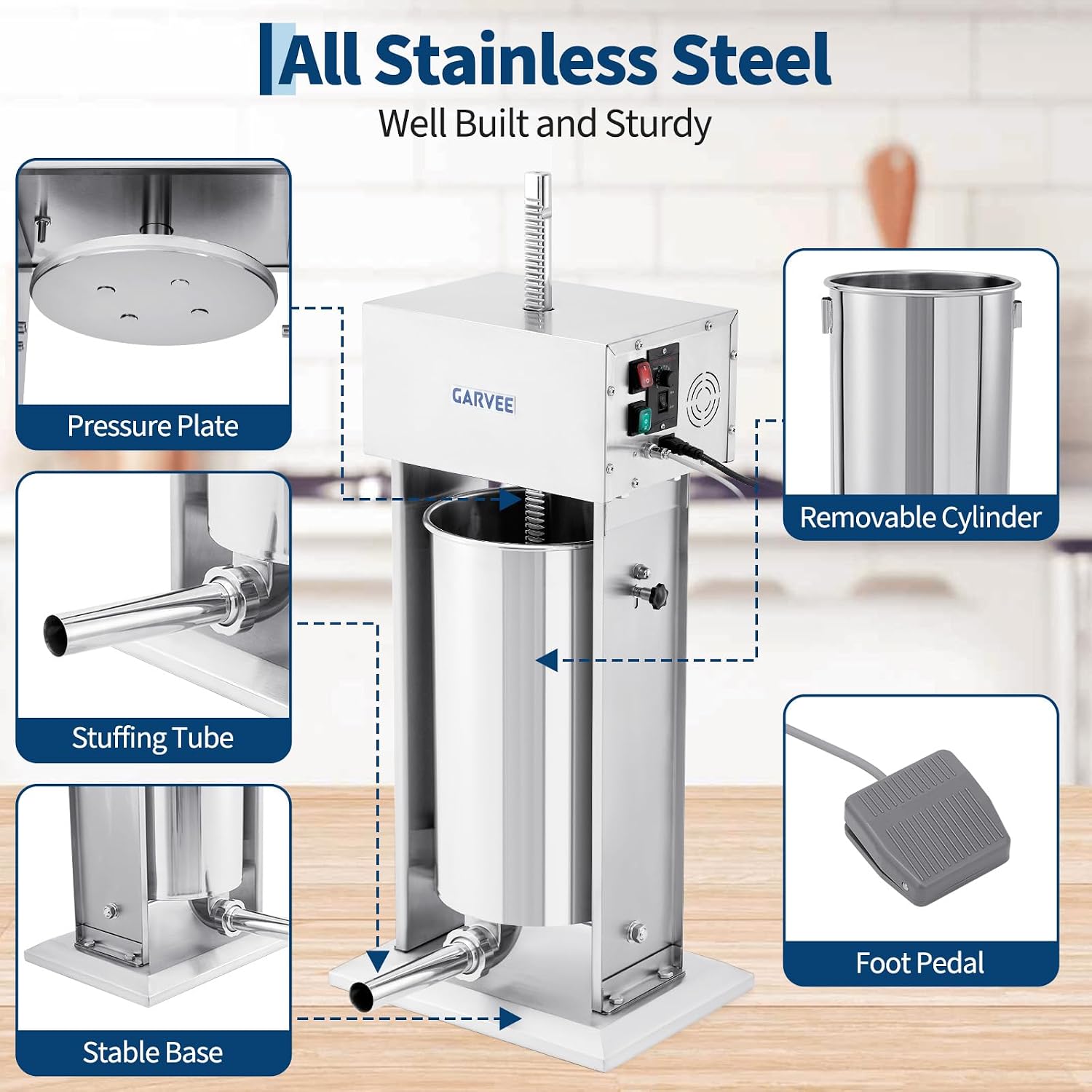 25L Electric Sausage Stuffer, Stainless Steel Meat Sausage Filler Machine with Stepless Speed Control & Foot Pedal, 5 Filling Tubes & Cleaning Kit, Large Sausage Filler Machine for Commercial Home