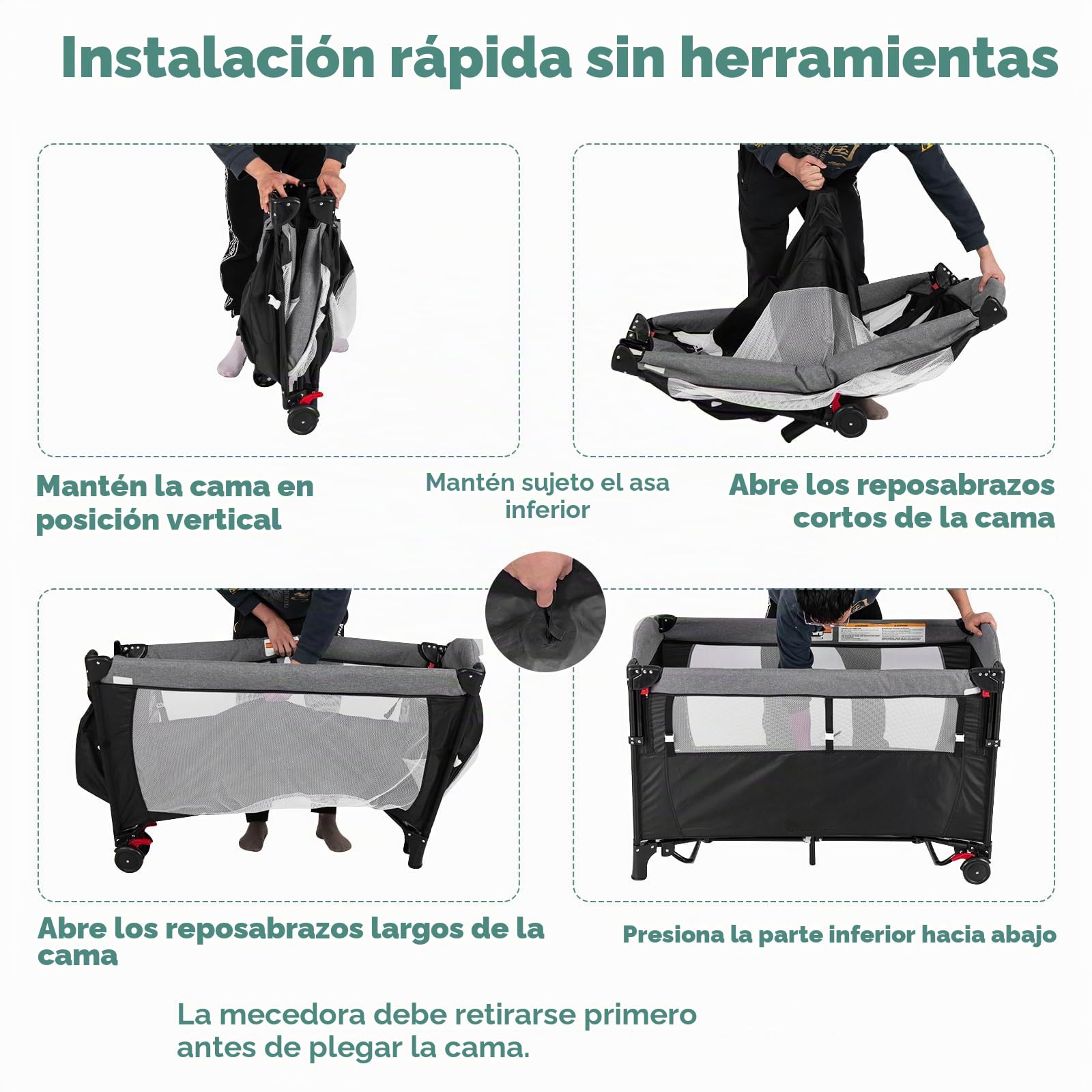 LIFEZEAL Cuna Cama para Bebé con Colchón, Cama Plegable para Bebé con Cambiador y Juguetes, Cuna de Viaje de Tejido Oxford con 2 Niveles, Altura Ajustable (Negro.)