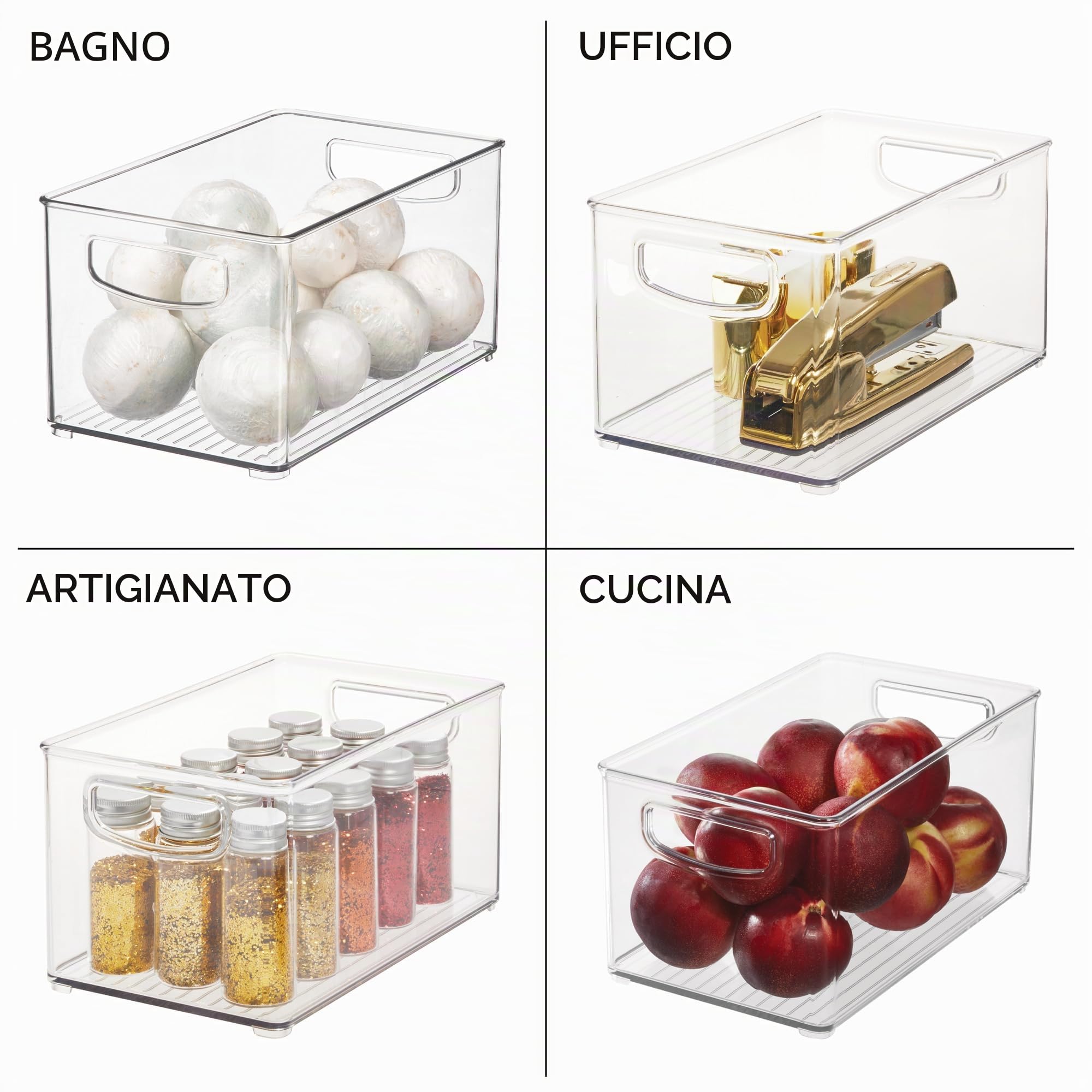 iDesign Set di 4 contenitori impilabili in plastica riciclata con maniglie per cucina, frigorifero, congelatore e dispensa, Varie dimensioni, trasparenti
