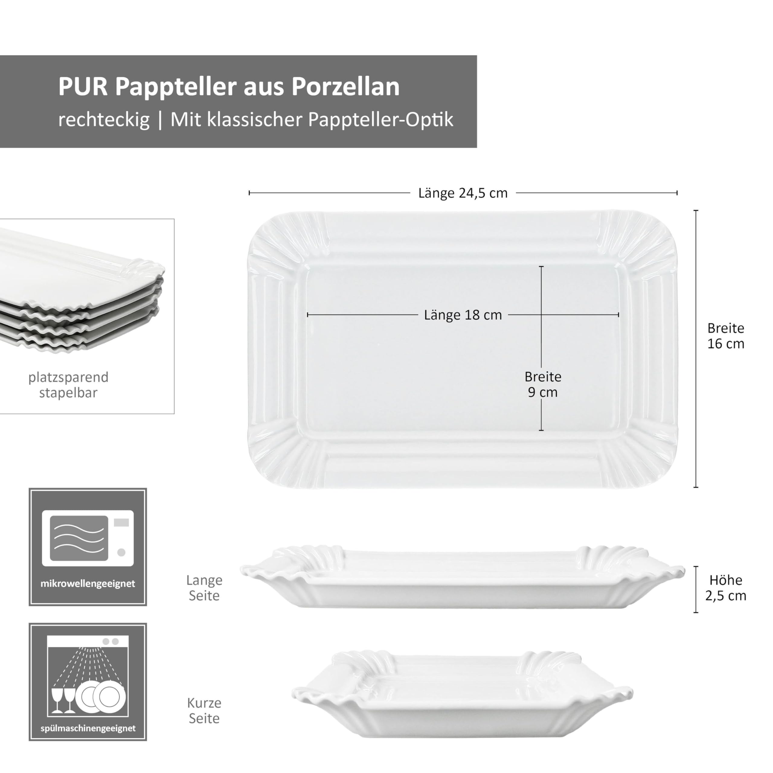 MamboCat 12er Set Pur Pappteller aus Porzellan I (LxB) 24,5x16cm I rechteckige Teller mit Papp-Optik & Relief für Kuchen, Brötchen, Burger & Co I wiederverwendbare Servierteller