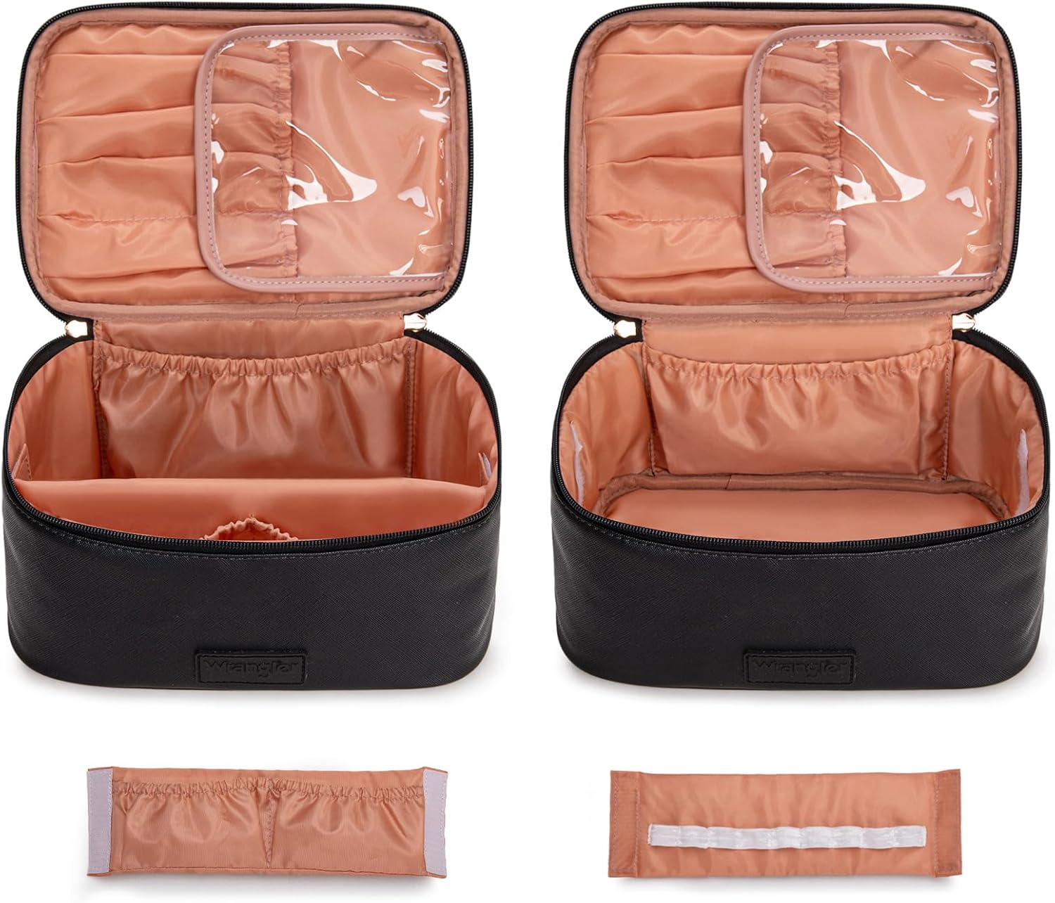 Montana West X Wrangler Travel Makeup Bag 2pcs Set Large Cosmetic Bag with Makeup Brush Holder Portable Make Up Organizer Cute Toiletry Bag with Divider and Handle for Women Black - Image 4