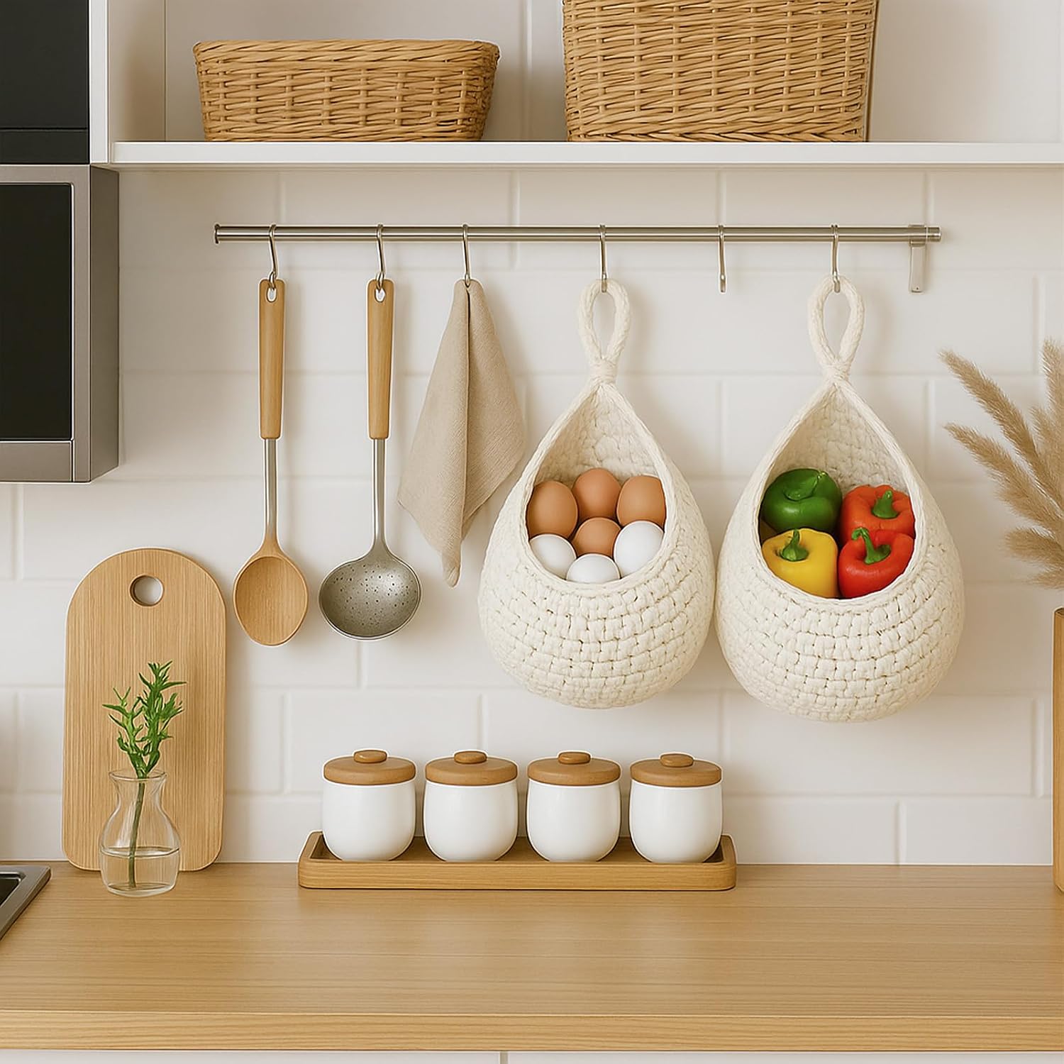 ShellKingdom Wall Hanging Baskets for Kitchen, 3 Pack Boho Handwoven Storage Teardrop Home Decorative Basket with 6PCS Hooks for Fruits, Vegetable, Potato, Egg Storage, 3 Size (White) image 5
