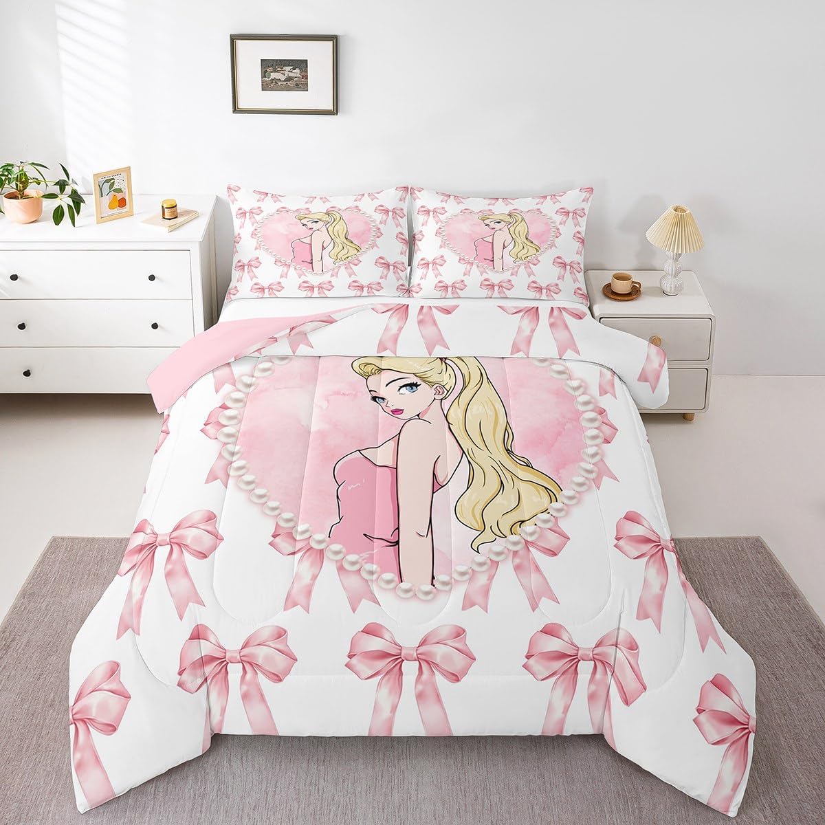 Pink Girly Princess Kids Comforter Set Twin Size,Bow Tie Bowknot Romantic Bedding Set,Beauty Girls Women Room Decor,Diamond Butterfly Knot Quilt Comforter,Dreamy Duvet Insert,1 Pillowcase