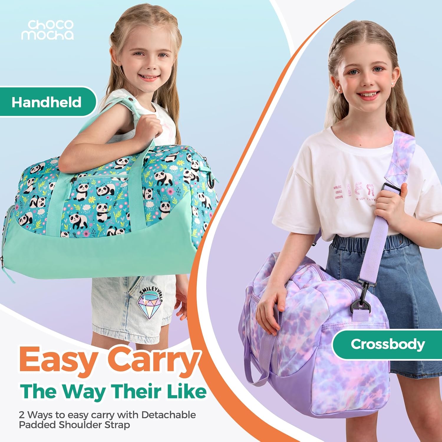 Choco Mocha Duffle Bag Kids Girls - Unicorn Overnight Bags for Kid with Shoes Compartment, Cute Weekender Bag for Sleepover Travel, Purle Galaxy