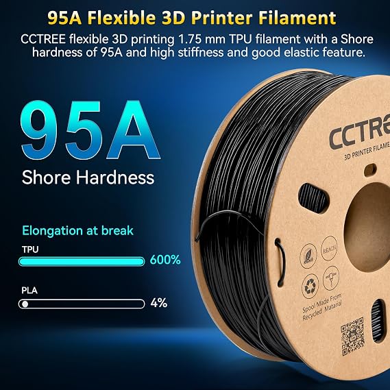 CCTREE TPU Black Filament 1.75mm High Speed Soft 95A TPU Flexible 3D Printing Filament 1kg Spool(2.2lbs) Dimensional Accuracy +/- 0.03mm for Bambu lab 3D Printer