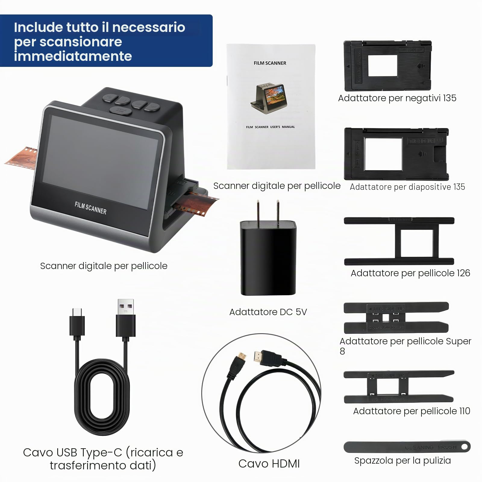 22MP Film e Slide Scanner con 5 "Schermo LCD, Convertire Colore & B & W Negativi & Diapositive 35mm, 126, 110 Film ad alta risoluzione JPEG Digital Foto