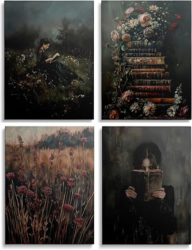 Unframed Dark Academia Victorian Wall Art Set of 4,Vintage Woman Reading Painting Canvas Prints,Floral Bookshelves,Rustic Field & Antique Book