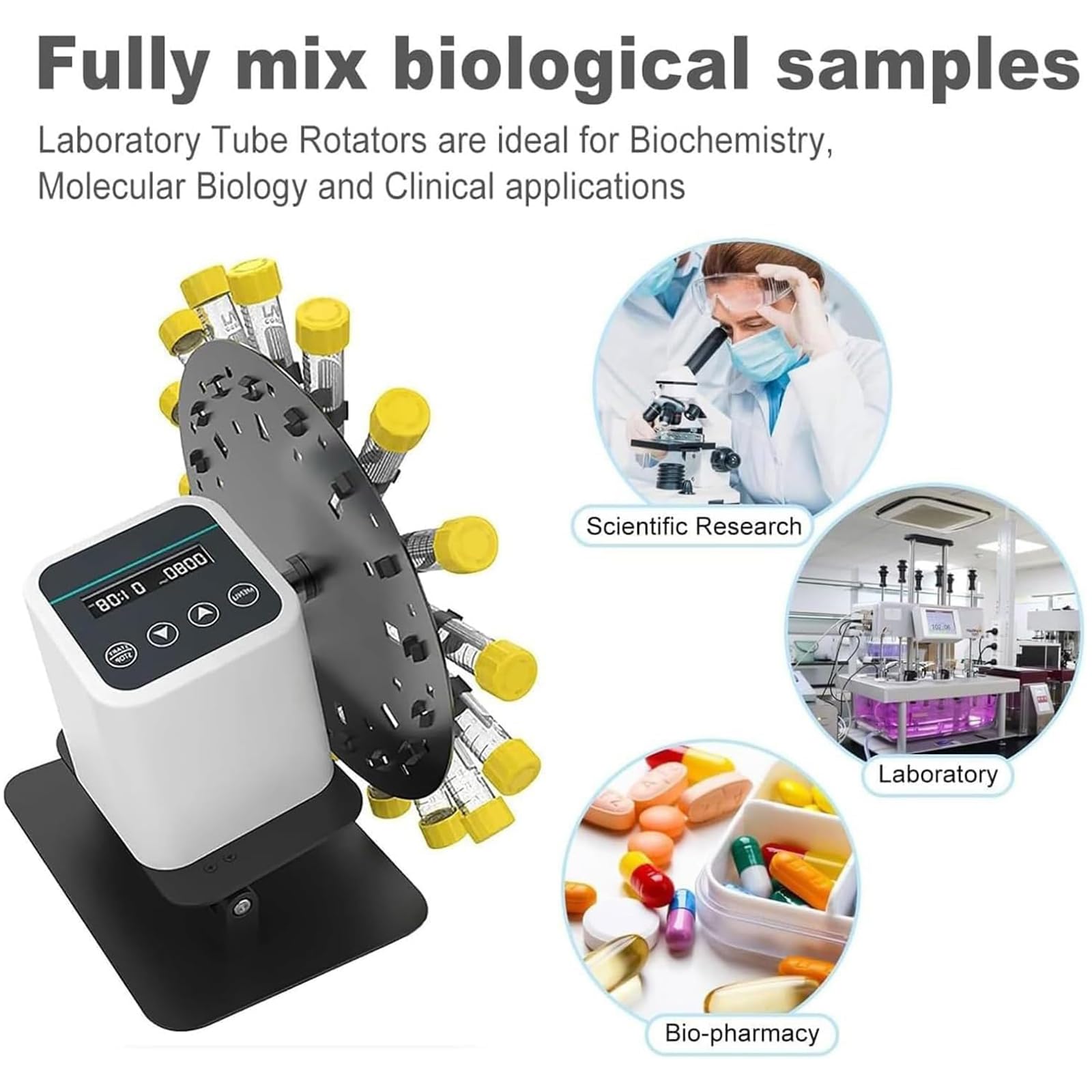 Mixer rotante da laboratorio digitale, agitatore orbitale regolabile da 20 a 80 giri/min per tubi da 50 ml, 15 ml, 1,5 ml/2 ml, 10 ml - Ricerca e applicazioni mediche
