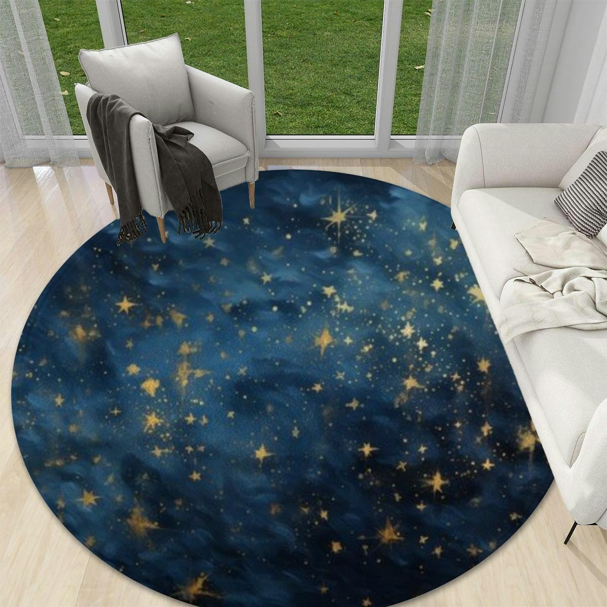 Round Rug 4ft for Kitchen Living Room Bedroom Dining Room Table Outdoor Entryway Washable Large Carpet Circular Circle Area Rug Dark Blue Gold foil Constellations Stars and Clouds Watercolor Night