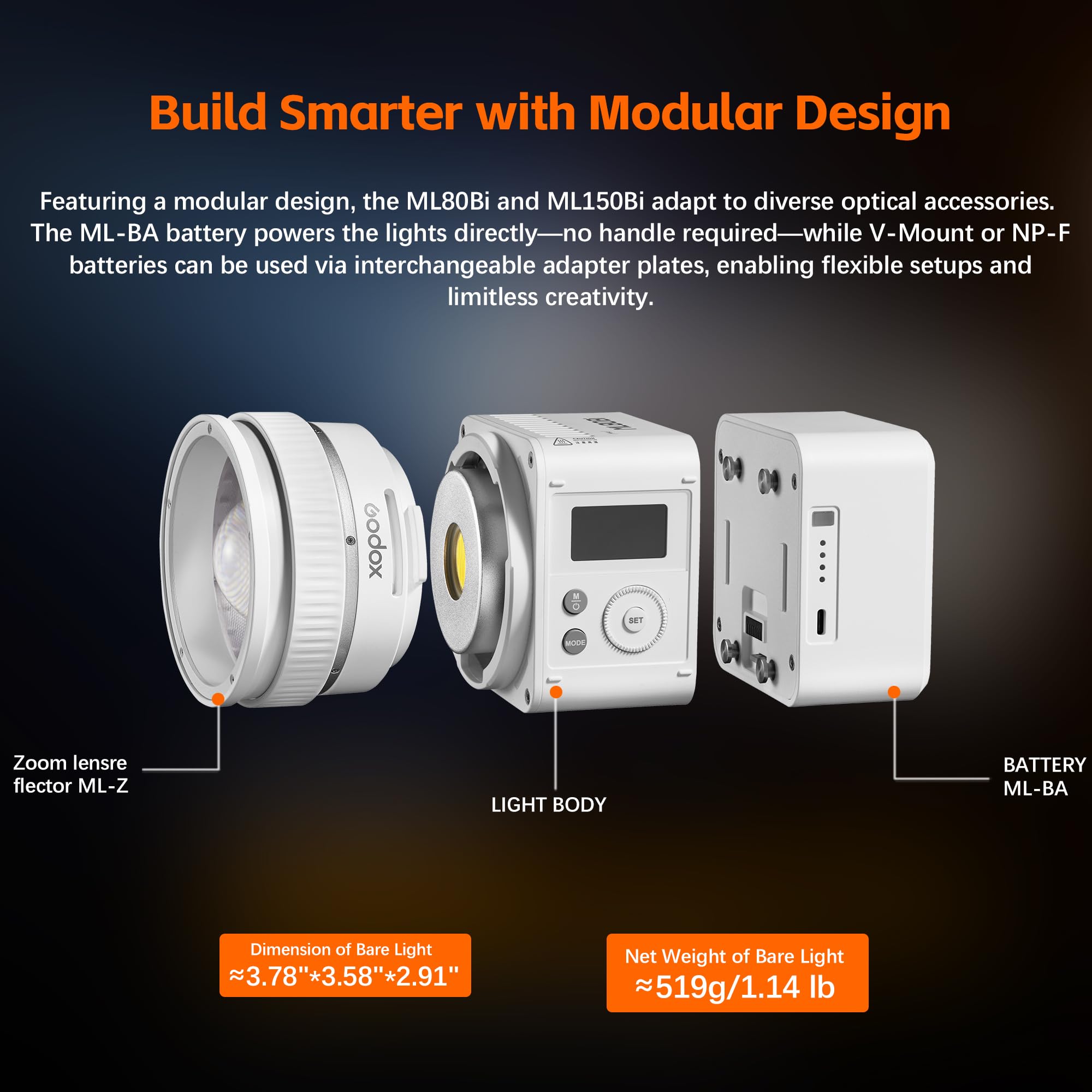 Godox ML80Bi - Luz LED de video bicolor 2800K-6500K, 11 modos FX 29600 Lux @1 m CRI 96 soporta control de aplicación, NFC