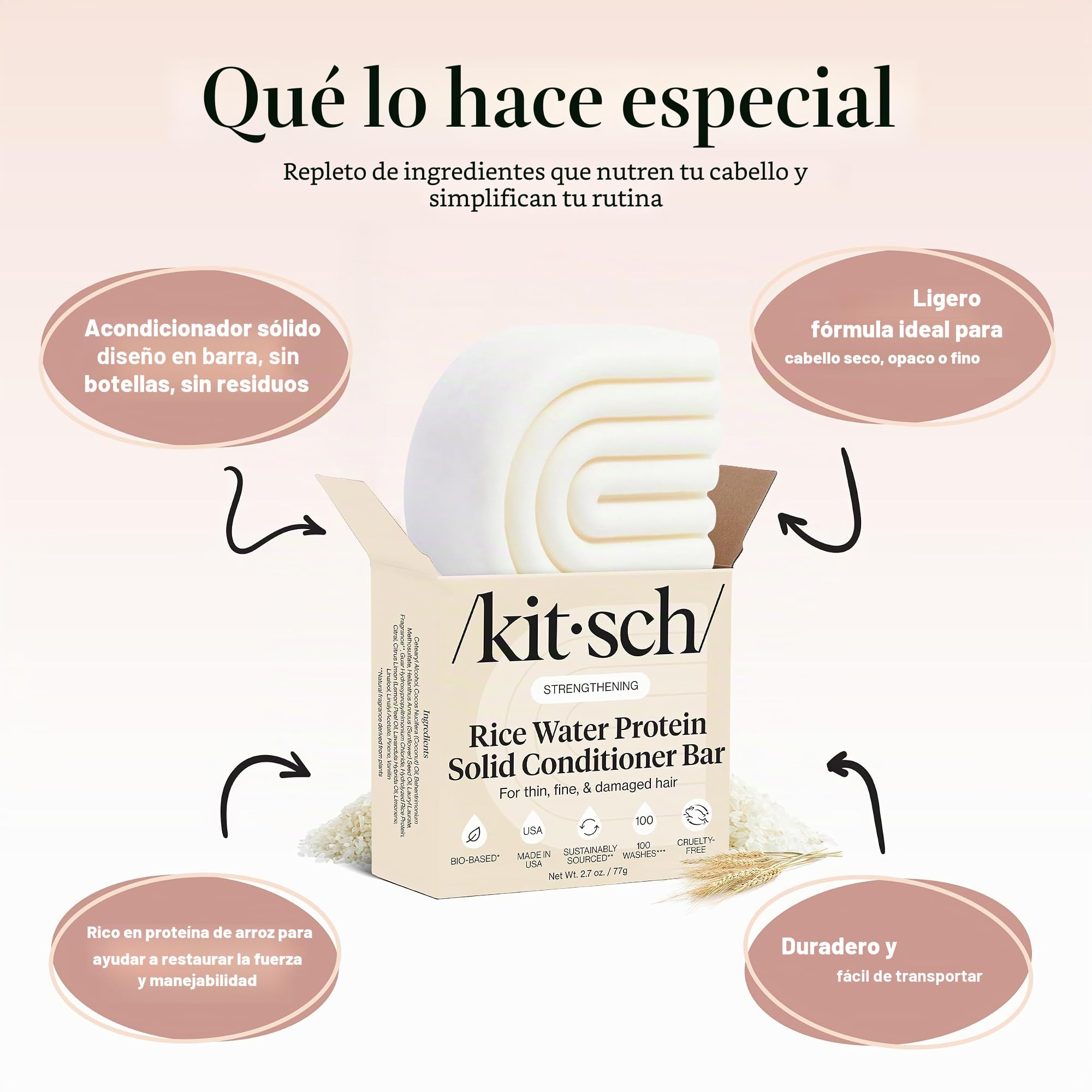 Kitsch Barra acondicionadora con agua de arroz – Barra de acondicionador sólida para fortalecer e hidratar el cabello, acondicionador para mujeres, mejor par con barra de champú Kitch, sin parabenos
